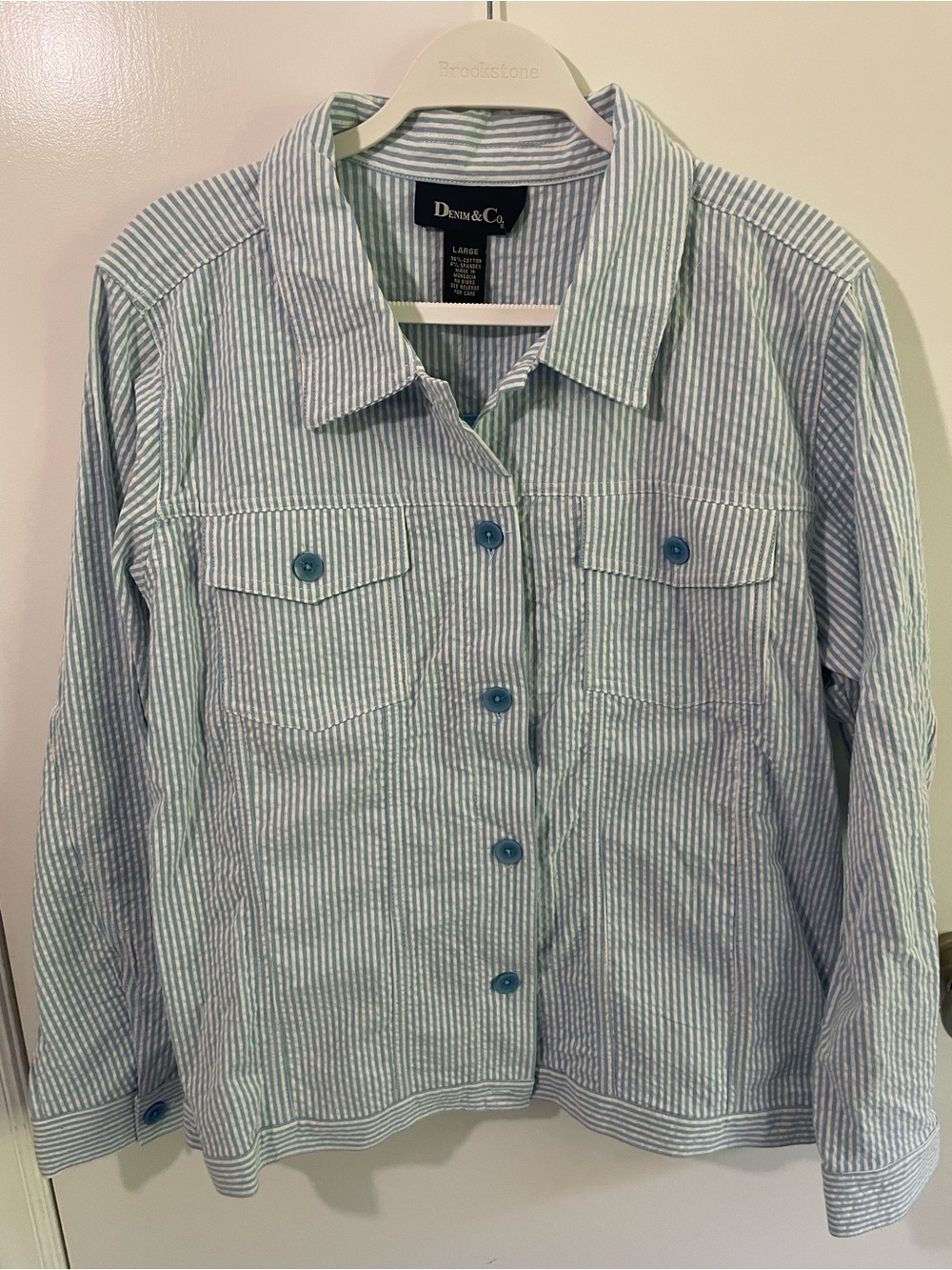 Denim&Co Light Blue and White Striped Button-Up Jean Jacket NWT,lightweight.